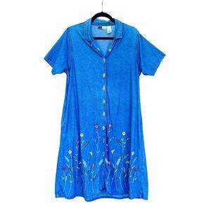 Vintage 1990s La Cera Denim Chambray Floral Embroidered Dress Medium Cottagecore